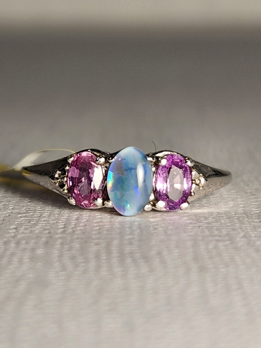 NWT Real Natural Pink & Violet Real Sapphires & Opal Trilogy 925 Ring Sz 7